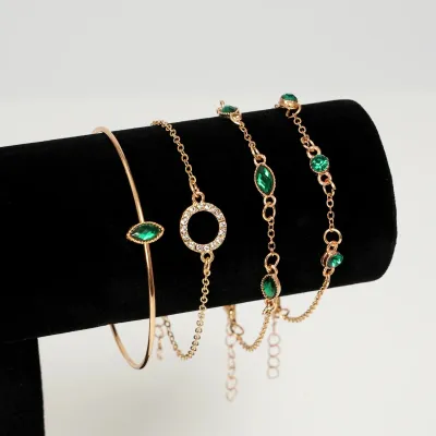 Rhinestone Green Geometric Bracelet Set (4 pcs)